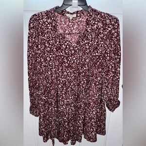 Easel Los Angeles BOHO Floral Babydoll Mini Dress in Burgundy&White